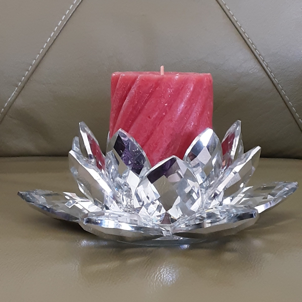 Lotus Flower Crystal Cut Glass Faceted Mirror Sparkling Candle Holder 8" - Picture 2 of 7